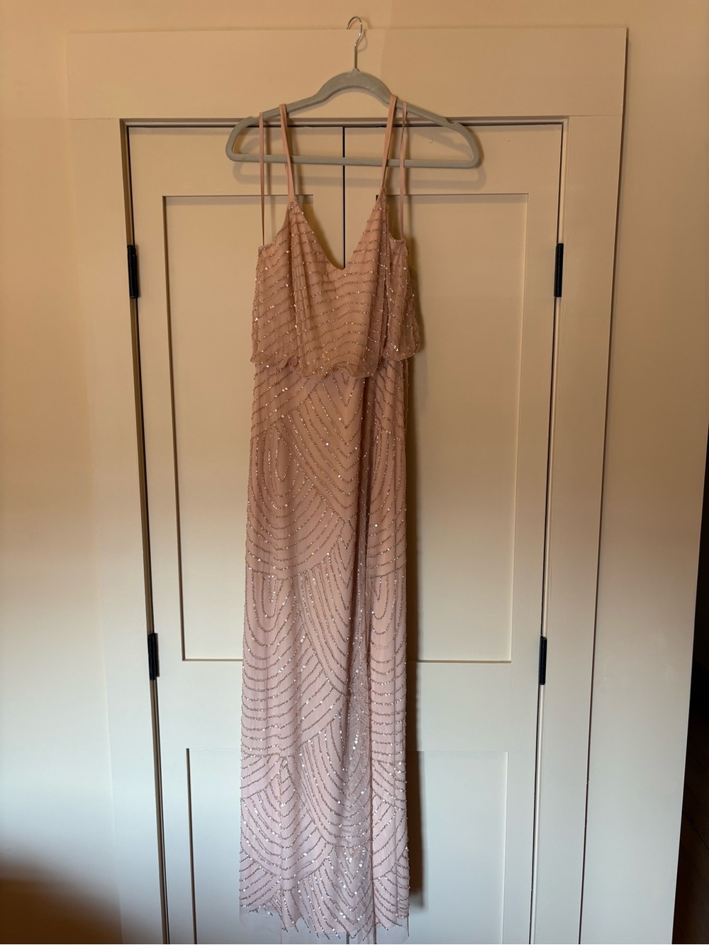 Adrianna Papell Blush Pink Beaded Maxi Gown with Double Spaghetti Straps